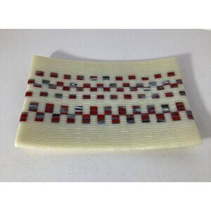 Tapestry Fused Art Glass Curved Trinket Tray Plate Cream Red Gray‎ 5.25 x 8"